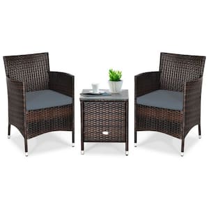 3-Piece Ergonomic Wicker Patio Conversation Set Rattan Furniture Set with Gray Cushions