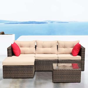 Brown 5-Piece Wicker Outdoor Sectional Set with Shallow Brown Cushions