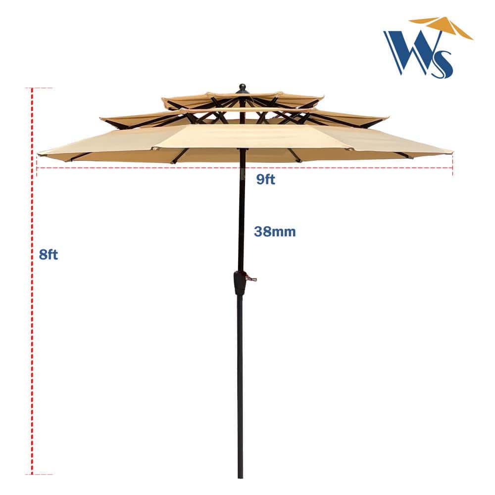 9 ft Tan Steel Market Patio Umbrella with Crank and Tilt