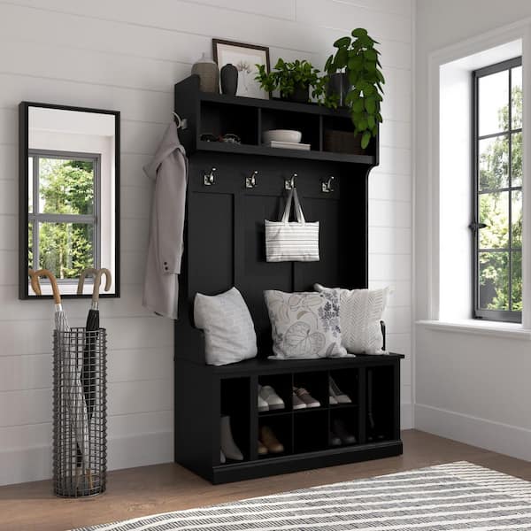 Woodland Black Suede Oak Hall Tree and Shoe Storage Bench with Shelves