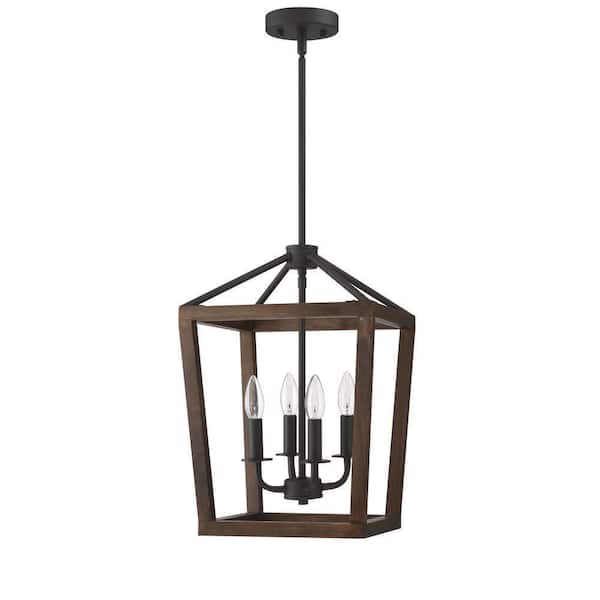 4-Light Lantern Pendant Light，Brown Farmhouse Chandelier for Kitchen Island