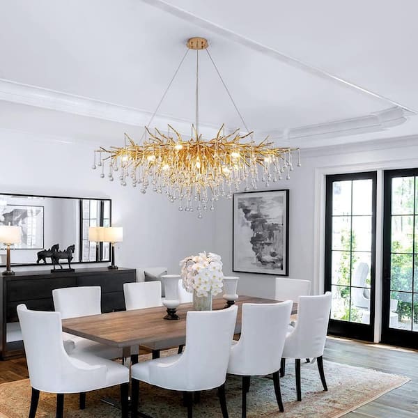15-Lights Gold Luxury Crystal Chandelier, Modern Frosted Tree Branch Chandelier for Living Room, Dinning Room, Kitchen