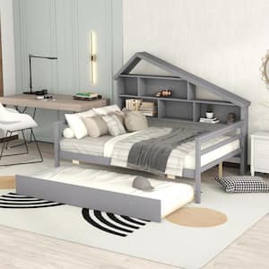 Gray Wood Frame Full Size Platform Bed with Trundle and Shelve