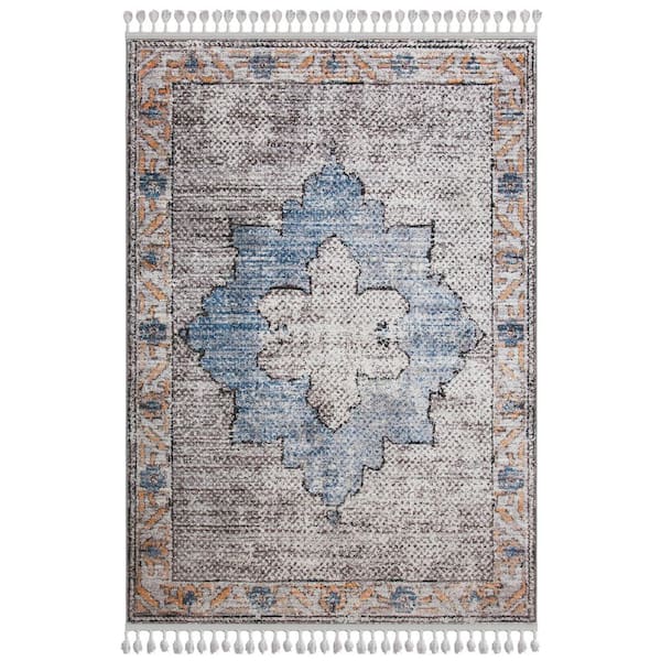 Sams International Mojave Cream and Blue 5 ft. 3 in. x 7 ft. 6 in. Distressed Medallion Polypropylene Area Rug