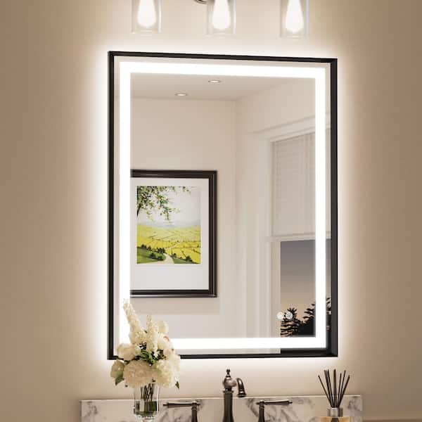 28 in. W x 36 in. H Rectangular Framed LED Lighted Bathroom Vanity Mirror with Light in Black with Backlit and Anti-Fog