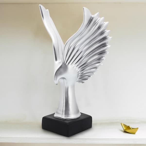 Benjara Silver Resin Custom Eagle Design Table Decor with Block Base