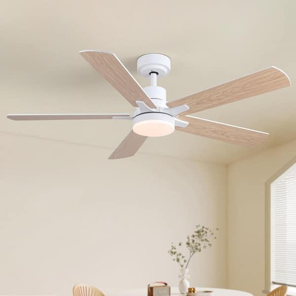 Knion 52 in. Integrated LED Indoor White and Light Woodgrain 2-Tone Ceiling Fan with Light Kit and Remote