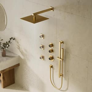 Multifunction Shower System 12 in. 5-Spray Square High Pressure with Hand Shower in Brushed Gold (Valve Included)