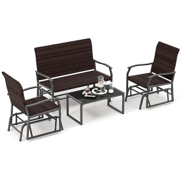 Costway 4-Piece Metal Rattan Patio Conversation Set with Tempered Glass Coffee Table All weather/weather resistant