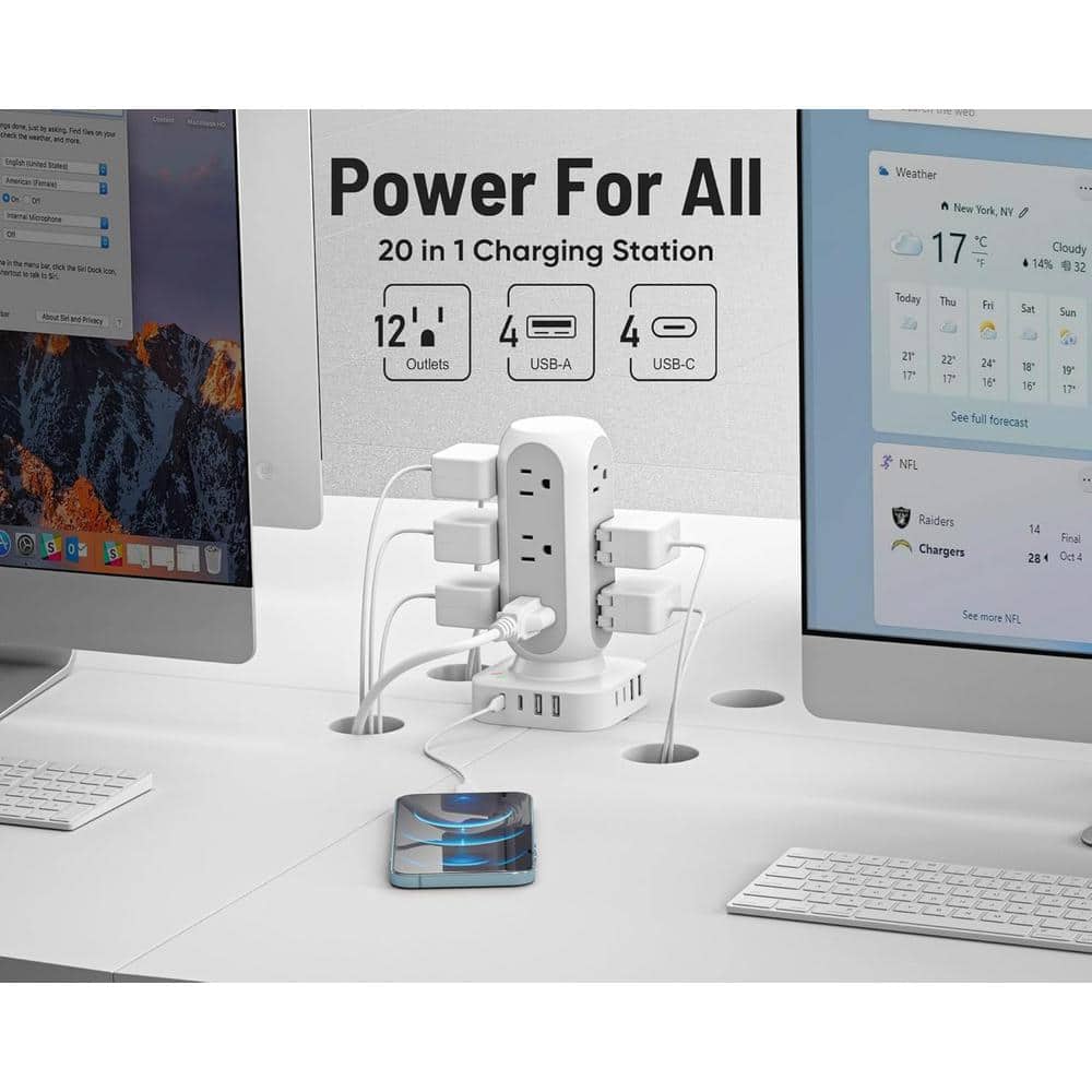 White 12-Outlet Power Strip Tower with 10 ft. Cord