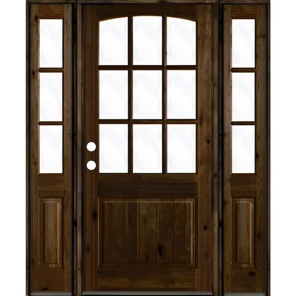 Krosswood Doors 70 in. x 96 in. Knotty Alder Right-Hand/Inswing 1/2 Lite Clear Glass Black Stain Wood Prehung Front Door with Sidelites