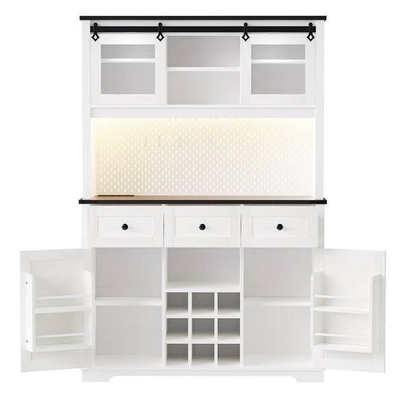 tunuo Kitchen Cabinet White Wood 71 in. W Pantry Bar Cabinet with Internal Storage Rack in White