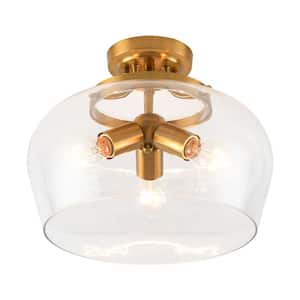 13.8 in. 3-Light Gold Modern Semi-Flush Mount Ceiling Light with Clear Glass Shade