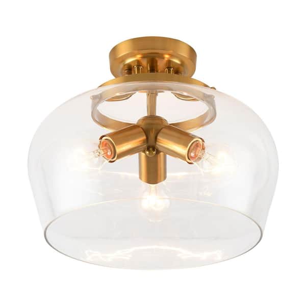 OUKANING 13.8 in. 3-Light Gold Modern Semi-Flush Mount Ceiling Light with Clear Glass Shade
