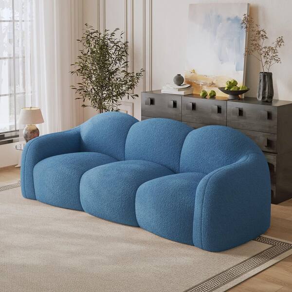 Bubble Sofa, 90 in. 3-Seater Premium Teddy Velvet Chaise Lounge Memory Foam Extra Deep Seat in Blue, No Assembly