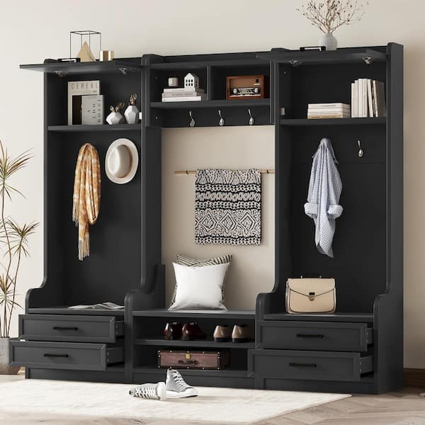 70 in. H x 78 in. W Modern Shoe Storage Bench with 4-Drawers and 7-Hooks, 4-in-1 Detachable Hall Tree, Black