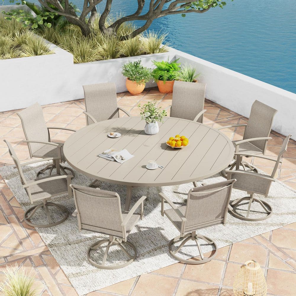 9-Piece Metal Outdoor Patio Dining Set with 63 in. Sandshell Round Table and 8 Sandshell Textilene Swivel Dining Chairs price history on PriceWatchPro