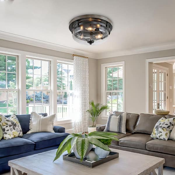 13.5 in. 3-Light Bronze Flush Mount Ceiling Light with Drum Clear Seeded Glass Shade and Round Faux Aged Wood Plate