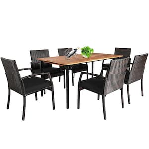 7-Piece Wood and Plastic Rattan Patio Outdoor Dining Set with Cushions and Umbrella Hole Black