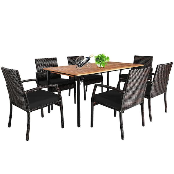Costway 7-Piece Wood and Plastic Rattan Patio Outdoor Dining Set with Cushions and Umbrella Hole Black