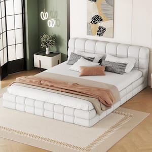White Wood Frame Queen Size Berber Fleece Upholstered Platform Bed with Stitching Details
