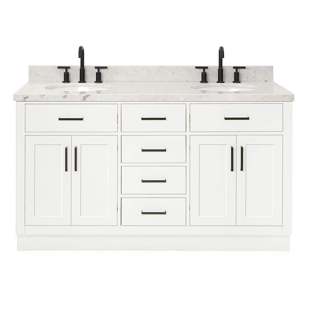 White Marble 61" Freestanding Double Basin Vanity Set