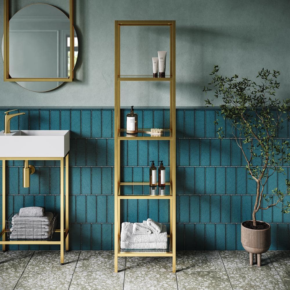 Pierre Brushed Gold Freestanding Linen Cabinet with Glass Shelves