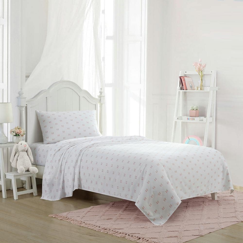 Pink Butterfly Print Twin XL Microfiber Kids Sheet Set