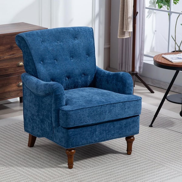 Maverick Blue Upholstered Chenille Club Chair with Button Tufting, Rubberwood