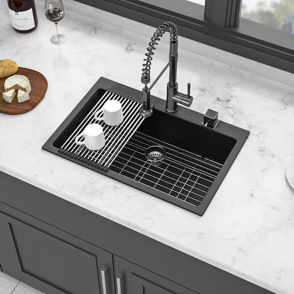 LOMC 33 in. L x 22 in. W Drop-in Single Bowl Quartz Kitchen Sink in Black with Steel Dish Grid and Strainer