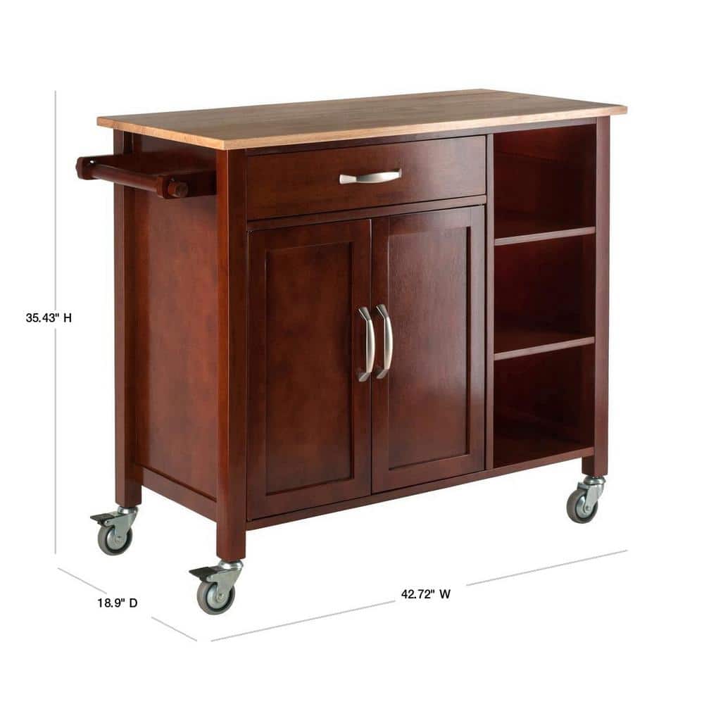 Mabel Walnut and Natural Wood Kitchen Cart with Storage