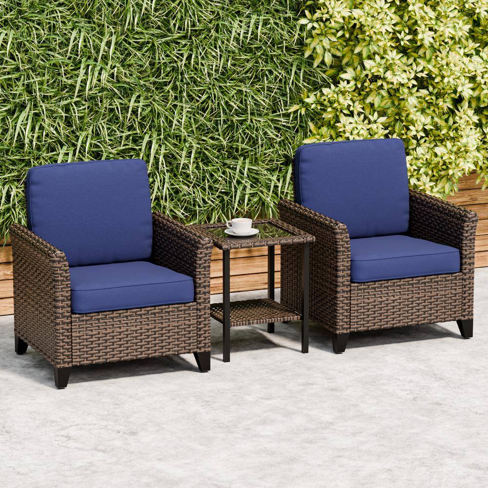 Blue Cushioned 3-Piece Black Steel Wicker Patio Set