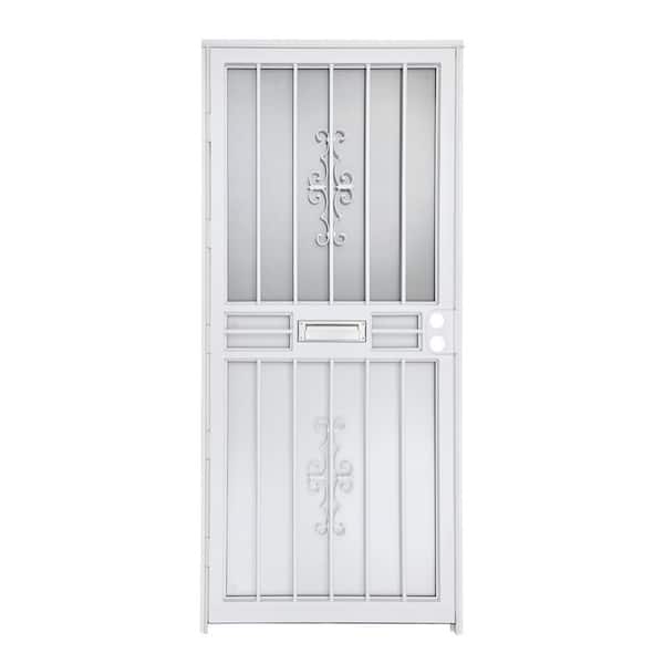 Grisham 36 in. x 80 in. Storm Security Door White with Brushed Nickel Mail Slot