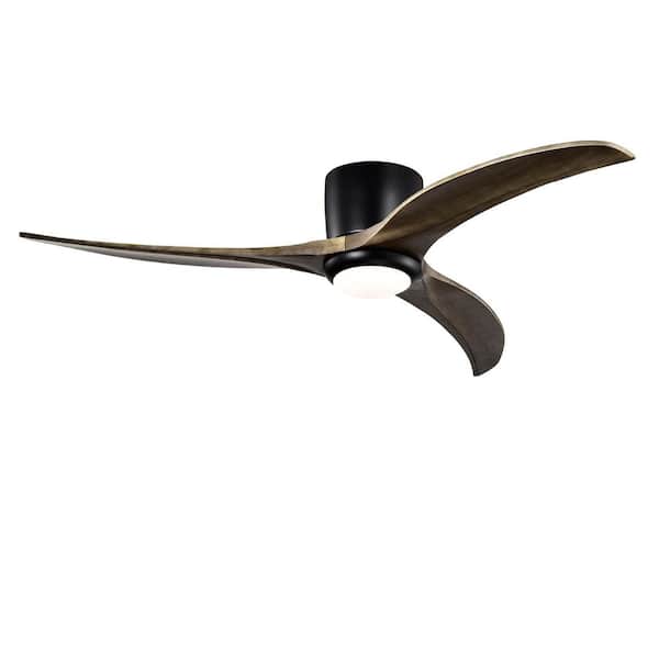 52 in. Flush Mount Matte Black 3 Wood Blades Ceiling Fan with Light, 6 Speed and Remote-Control Reversible DC Motor