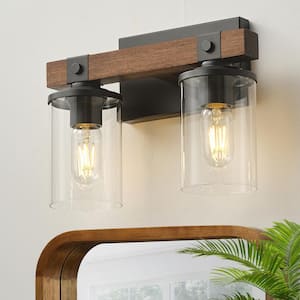12.6 in. 2-Lights Black and Brown Wood Rustic Farmhouse Bathroom Vanity Light with Cylinder Glass Shade