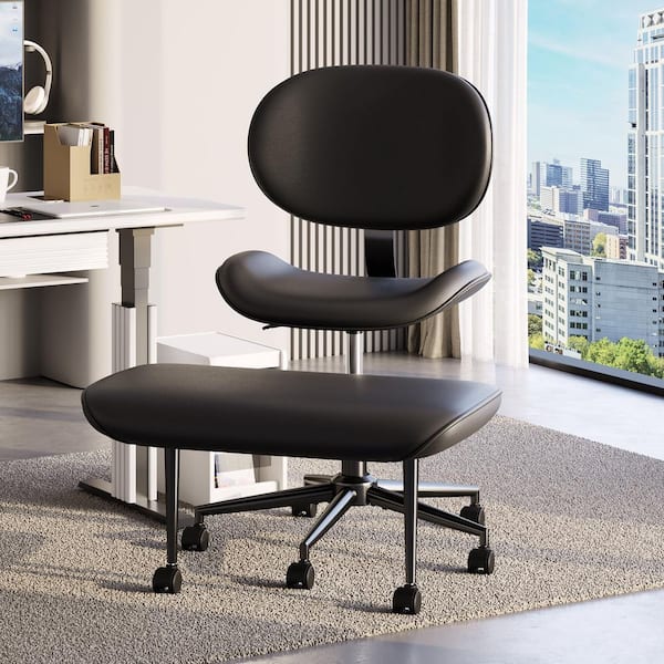 Faux Leather Ergonomic Cross-Legged Office Chair ADHD Meditation Chair with Wheels and Height Adjustable, Black