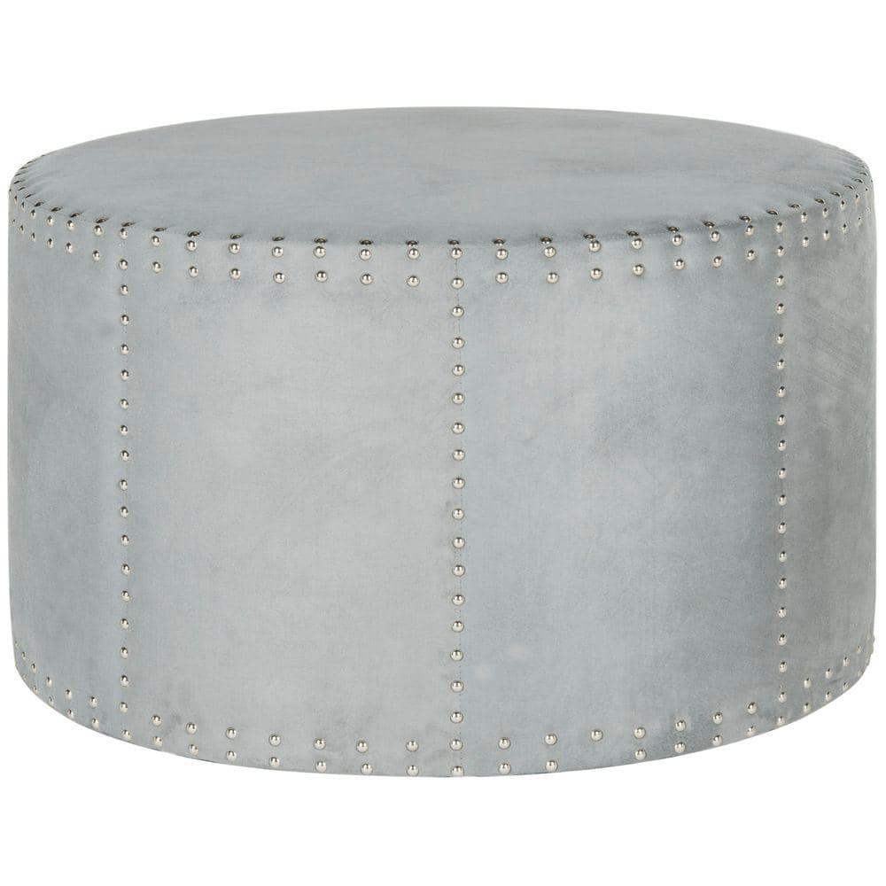Transitional 34'' Gray Velvet Round Cocktail Ottoman with Nailhead Trim