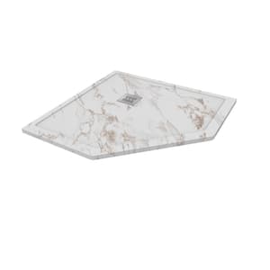 Neo Angle 37 in. L x 37 in. W x 1.125 in. H Solid Composite Stone Shower Pan Base with Corner Drain in Caramel Sand