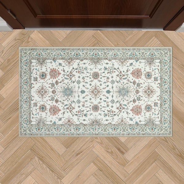Aure Floral Chenille Beige 2 ft. x 4 ft. Polyester Accent Rug