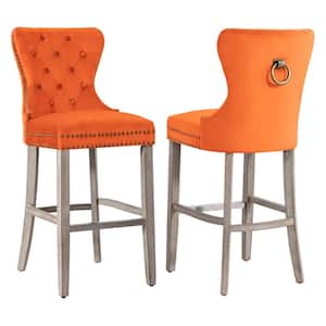 Harper 29 in. Orange Velvet Tufted Wingback Kitchen Counter Bar Stool with Solid Wood Frame in Antique Gray