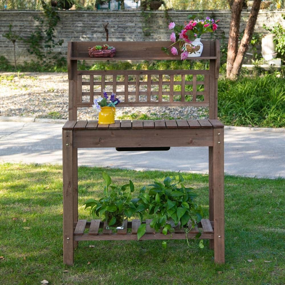 Brown Fir Wood Garden Potting Bench with Sliding Tabletop and Storage