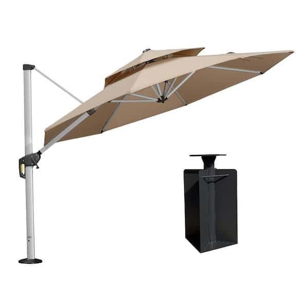 PURPLE LEAF 10 ft. Octagon High-Quality Aluminum Cantilever Polyester Outdoor Patio Umbrella with Base in Ground, Beige