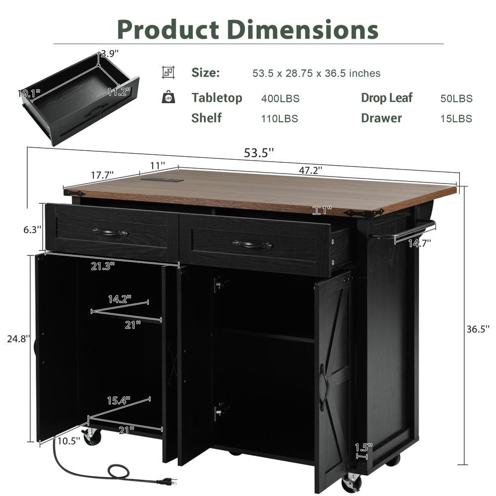 Black and Brown Farmhouse Wood Kitchen Island with Drop Leaf and Wheels