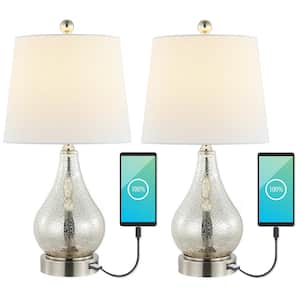 Dino 21 in. Silver Farmhouse Industrial Iron/Glass LED Table Lamp with USB Charging Port (Set of 2)