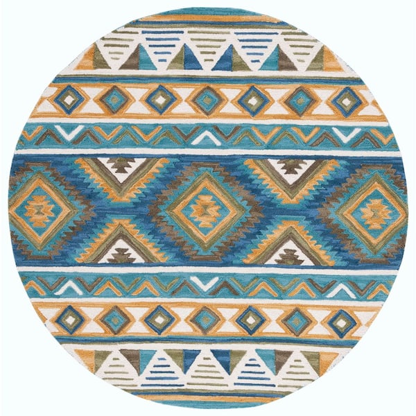 Aspen 6 ft. x 6 ft. Blue/Yellow Aztec Geometric Round Area Rug