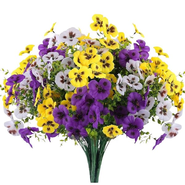 8 in. Purple Yellow White Indoor/Outdoor Artificial Pansy Flower-UV Resistant Faux Floral (18 Bundles)
