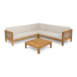 Linwood Teak Brown 4-Piece Wood and Faux Rattan Outdoor Patio Conversation Sectional Seating Set with Beige Cushions