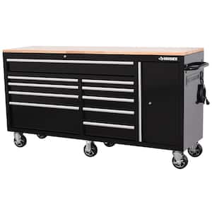 Standard Duty 72 in. W x 20 in. D 10-Drawer Black Mobile Workbench Cabinet with Solid Wood Top
