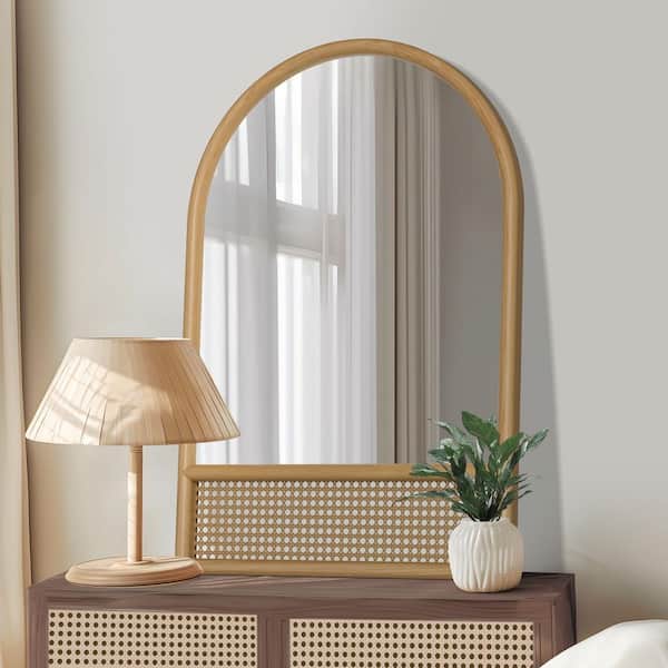 Lirago 24 in. W x 36 in. H Classic Arch Wood Frame with Rattan Bottom Wall Mirror in Brown