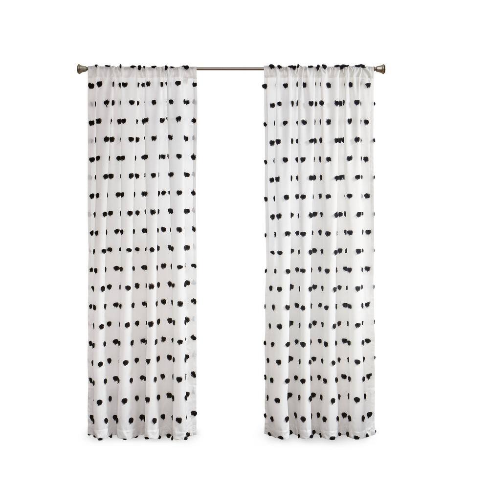 Black and White Faux Silk Pom Pom Sheer Curtain Panel
